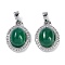Natural Green Onyx Agate(Dyed & Heated) Oval Pendants, Brass Micro Pave Clear Cubic Zirconia Gems Charms, Platinum, 17x12.5x6.5mm, Hole: 3.5x2.5mm