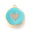 Golden Plated Brass Micro Pave Cubic Zirconia Pendants, with Enamel, Long-Lasting Plated, Flat Round with Heart, Cyan, 23x20x3mm, Hole: 1.8mm