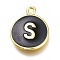 Brass Enamel Pendants, Long-Lasting Plated, Black, Golden, Flat Round, Letter.S, 16.5x13x2mm, Hole: 1.5mm