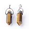 Natural Tiger Eye Double Terminated Pointed Pendants, with Platinum Tone Alloy Findings, Bullet, 35~42x11~13x7.5mm, Hole: 3.5x4.5mm