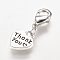 Alloy Pendant, with Brass Lobster Claw Clasps, Heart with Word Thank You, Antique Silver, 26mm