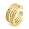 Brass Micro Pave Cubic Zirconia Open Cuff Ring, Cadmium Free & Lead Free, Multi Lines, Real 16K Gold Plated, Inner Diameter: 17.2mm