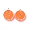 Flat Round Resin Fruit Pendants, Orange Charms, with Platinum Tone Iron Loops, Dark Orange, 30x26.5x5.5mm, Hole: 2mm