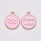 Alloy Enamel Pendants, Cadmium Free & Lead Free, Flat Round with Constellation, Light Gold, Pink, Aquarius, 15x12x2mm, Hole: 1.5mm