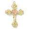 Alloy with Glass Pendants, Cross with Rose Charms, Golden, Pink, 35x25x5mm, Hole: 1.4mm