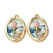 Printed Alloy Enamel Pendants, Oval Flower Charms, with ABS Imitation Pearl, Rack Plating, Light Gold, Light Cyan, 26x17x5.5mm, Hole: 1.8mm