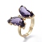 Adjustable Brass Glass Finger Rings, with Clear Cubic Zirconia, Butterfly, Golden, Indigo, Size 7, Inner Diameter: 17mm