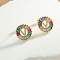 Brass Colorful Cubic Zirconia Stud Earrings, Flat Round, Golden, Letter V, 16x16mm