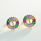 Brass Colorful Cubic Zirconia Stud Earrings, Flat Round, Golden, Letter T, 16x16mm