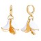 White Enamel Lilies Flower Dangle Hoop Earrings, Brass Jewelry for Women, Golden, 32.5x18mm, Pin: 1mm