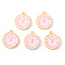 Alloy Enamel Pendants, Light Gold, Cadmium Free & Lead Free, Clock, Pink, 17x14x2mm, Hole: 1.2mm