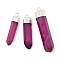Natural Quartz Crystal Pointed Pendants, Bullet Shape, Dyed, with Platinum Brass Finding, Old Rose, 35~53x7~13x5.5~10mm, Hole: 2.5mm