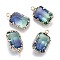 Two Tone Transparent Glass Pendants, with Golden Plated Brass Settings, Faceted, Rectangle, Colorful, 18.5x11x6.5mm, Hole: 1.8mm