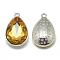Alloy Glass Charms, Faceted, teardrop, Platinum, Gold, 14.5x9x5mm, Hole: 1.5mm