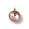 316 Stainless Steel Faceted Glass Pendants, Flat Round, Ion Plating(IP), Real 18K Gold Plated, with Loop, Misty Rose, 15.5x13.5x7mm, Hole: 2.5mm