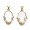 Natural Freshwater Shell Pendants, with Brass Findings and Brass Snap On Bails, Nickel Free, Hamsa Hand/Hand of Fatima/Hand of Miriam, Real 18K Gold Plated, 16.5x12x2.5mm, Hole: 2x3mm
