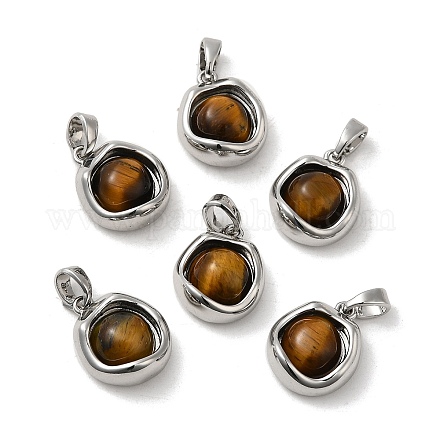Плоские круглые подвески из латуни с натуральным тигровым глазом KK-M270-39P-01-1