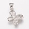 Brass Cubic Zirconia Pendants, Butterfly Charms, Platinum, 12x14x2.5mm, Hole: 3.5x5mm