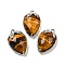 Natural Tiger Eye Faceted Pendants, Rack Plating Brass Strawberry Charms, Platinum, 18x11x5~5.5mm, Hole: 1.2mm