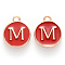 Golden Plated Alloy Enamel Charms, Cadmium Free & Lead Free, Enamelled Sequins, Flat Round with Letter, Red, Letter.M, 14x12x2mm, Hole: 1.5mm