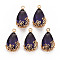 Transparent Glass Pendants, for DIY Jewelry Making, with Brass Findings, Faceted, Teardrop with Flower, Light Gold, Indigo, 16x9x6mm, Hole: 1.2mm