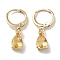 Real 18K Gold Plated Brass Dangle Hoop Earrings, with Glass, Teardrop, Goldenrod, 26x6mm
