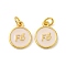 Rack Plating Brass Enamel Charms, with Jump Ring, Long-Lasting Plated, Lead Free & Cadmium Free, Flat Round with Word Fe Charm, Real 18K Gold Plated, Antique White, 14x11x2mm, Hole: 3.5mm