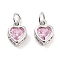 Brass Micro Pave Cubic Zirconia Pendants, Cadmium Free & Nickel Free & Lead Free, Heart, with Jump Ring, Platinum, Pink, 10.5x7.5x4mm, Hole: 3.5mm