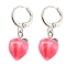 Fuchsia Peach Glass Dangle Leverback Earrings, Brass Earrings, Real Platinum Plated, 28.5x11mm