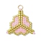 MIYUKI Glass Seed Beaded Clover Pendants, with Real 18K Gold Plated 304 Stainless Steel Jump Rings, Pink, 21.5x23x2mm