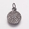 Brass Cubic Zirconia Charms, Flat Round, Gunmetal, 13x10x2.5mm, Hole: 3.5mm