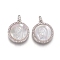 Brass Pendants, with Micro Pave Cubic Zirconia, Shell and Jump Rings, Flat Round with Virgin Mary, Clear, Platinum, 18x15x3mm, Hole: 3mm