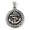 304 Stainless Steel Pendants, with 201 Stainless Steel Snap on Bails, Flat Round with Anchor Charm, Antique Silver, 38x32x4.5mm, Hole: 7x5mm