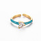 Brass Enamel Cuff Rings, Open Rings, Solitaire Rings, with Clear Cubic Zirconia, Nickel Free, Heart, Golden, Dark Cyan, US Size 7(17.3mm)