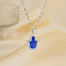Vintage Brass Pave Clear Cubic Zirconia & Royal Blue Enamel Hamsa Hand Pendant Necklaces for Daily Wear and Holiday Gift, Platinum, 15.75 inch(40cm)