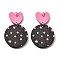 Poplar Pendants, Flat Round with Polka Dot Pattern & Heart Charms, with Arylic & Platinum Loop, Hot Pink, 55.5x34.5x2.5mm, Hole: 5mm