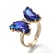 Adjustable Brass Glass Finger Rings, with Clear Cubic Zirconia, Butterfly, Golden, Blue, Size 7, Inner Diameter: 17mm