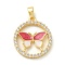 Brass Micro Pave Cubic Zirconia Enamel Pendants, Cadmium Free & Nickel Free & Lead Free, Ring & Butterfly Charms, Real 18K Gold Plated, Cerise, 22x19x3mm, Hole: 5x2.5mm