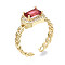 Brass Micro Pave Cubic Zirconia Cuff Rings, Open Solitaire Rings, Rectangle Octagon, Curb Chain, Real 16K Gold Plated, Nickel Free, Red, US Size 6 3/4, Inner Diameter: 17mm