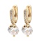 Brass with Cubic Zirconia Dangle Hoop Earrings, Flat Round, Light Gold, 22x8mm