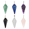 6Pcs 6 Style Natural Mixed Gemstone Pointed Pendants, with Brass Findings, Bullet, Platinum, 38.5x16x14.5mm, Hole: 5x8mm, 1pc/style