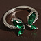Butterfly Brass Micro Pave Cubic Zirconia Cuff Rings, Platinum, Green, 11mm, Inner Diameter: 17~19mm