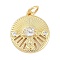 Rack Plating Brass Pendants, with Cubic Zirconia, Flat Round with Eye Charms, Long-Lasting Plated, Lead Free & Cadmium Free, with Jump Ring, Real 18K Gold Plated, 16.5x14.5x3.5mm, Hole: 3mm