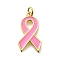 Brass Enamel Pendants, with Jump Ring, Cadmium Free & Lead Free, Long-Lasting Plated, Rack Plating, October Breast Cancer Pink Awareness Ribbon Charm, Real 18K Gold Plated, 23x13x2.5mm, Hole: 3.5mm