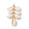 Natural Cowrie Shell Color-Changing Cluster Pendants, with Brass Beads and Copper Wire Loops, Golden, 45.5~46.5x28.5~29.5x9.5~10.5mm, Hole: 3~3.5mm
