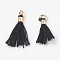 Polycotton(Polyester Cotton) Tassel Pendant Decorations, Mini Tassel, with Brass Clasps & Iron Rings, Light Gold, Black, 10~15x3~4mm, Hole: 2mm