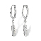 Anti-Tarnish Rhodium Plated 925 Sterling Silver Dangle Hoop Earrings, Feather, with S925 Stamp, Platinum, 24mm