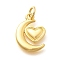 Brass Pendants, Cadmium Free & Nickel Free & Lead Free, Moon with Heart Charms, with Jump Ring, Real 18K Gold Plated, 15.5x12x2mm, Hole: 3mm