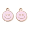 Alloy Enamel Pendants, Cadmium Free & Lead Free, Golden, Flat Round with Smiling Face Charm, Pearl Pink, 19x15x1.7mm, Hole: 2.5mm
