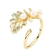 Brass Leaf Open Cuff Ring with Natural Pearl Beaded for Women, Real 14K Gold Plated, Inner Diameter: 19mm